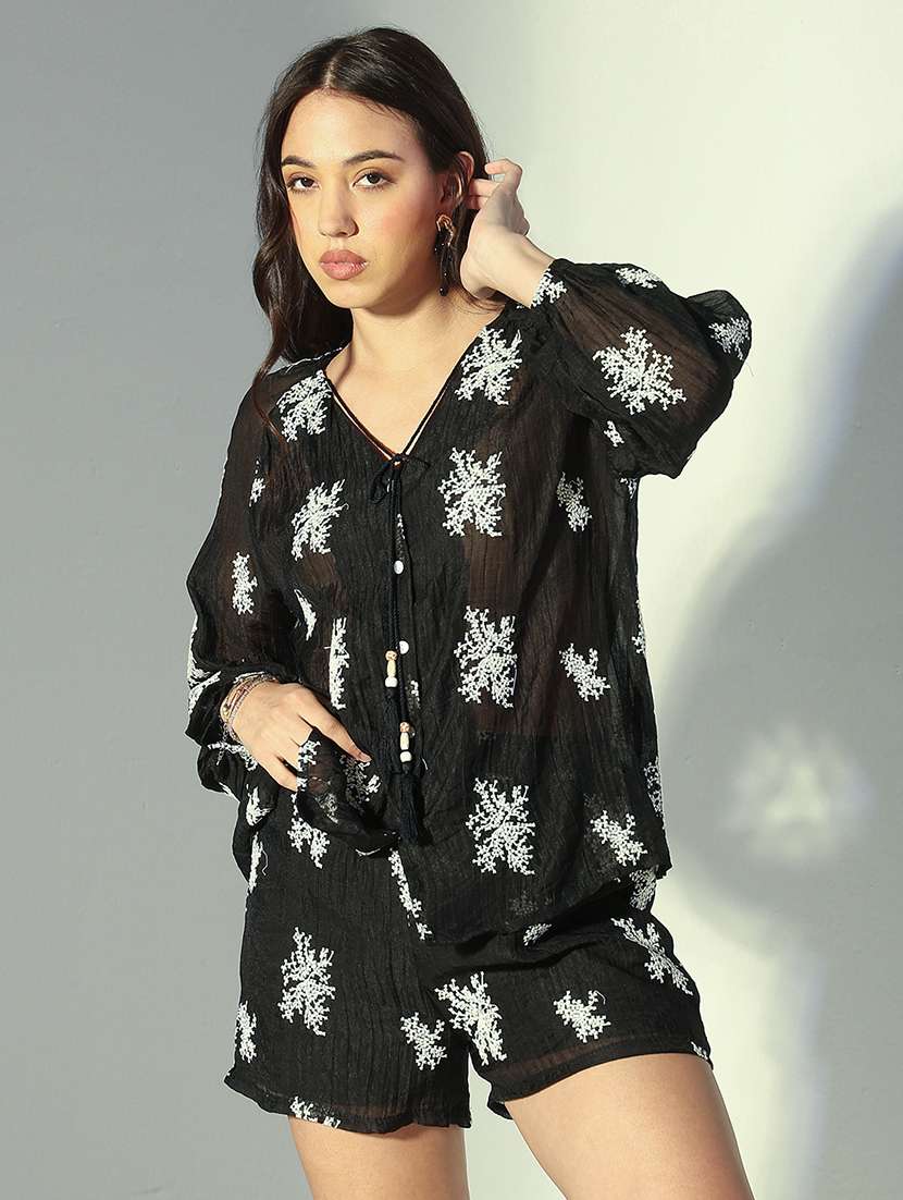 women embroidered shirt and shorts co-ord set - 22321828 -  Standard Image - 1