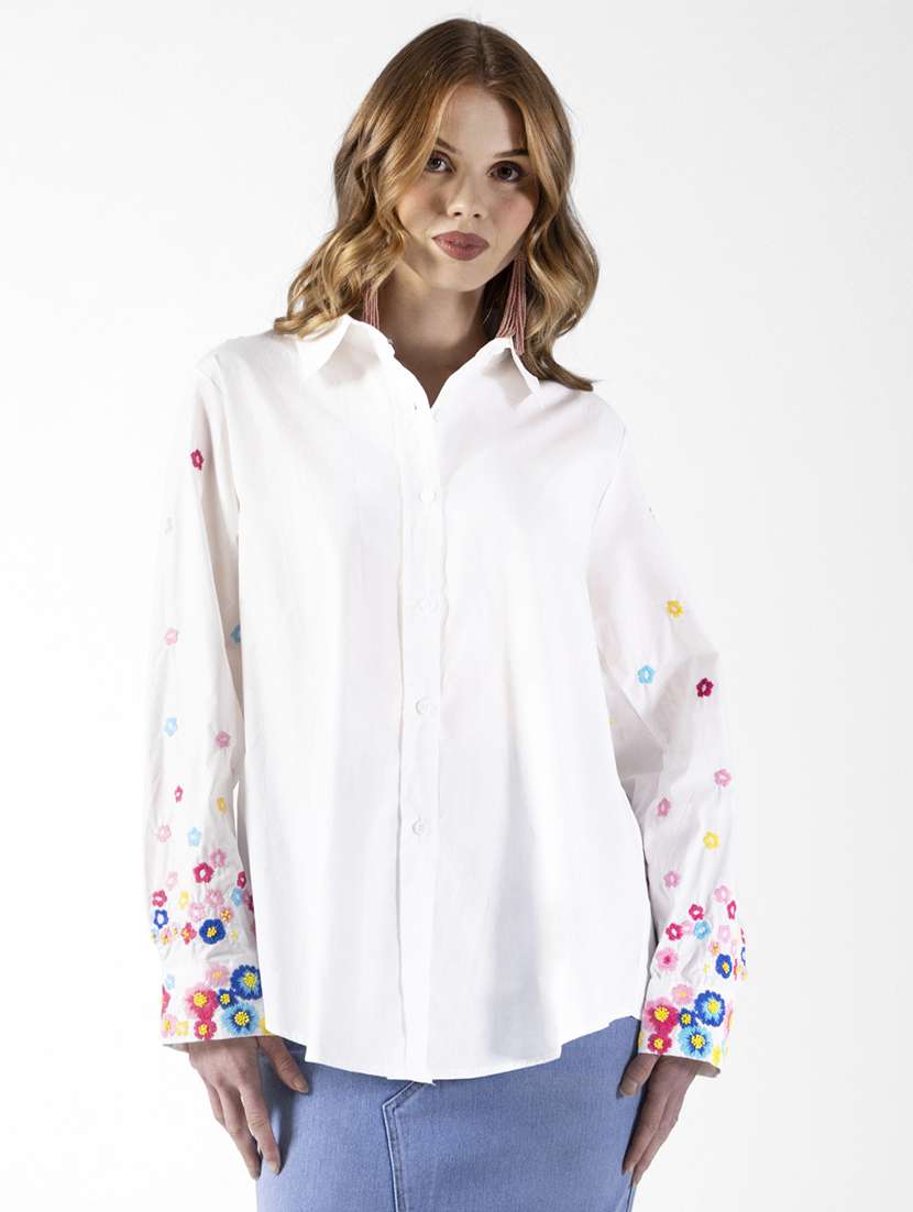 women embroidered collared long sleeve oversized shirt - 22321840 -  Standard Image - 1