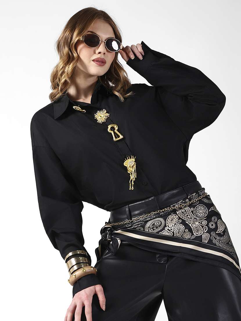 women solid collared long sleeve oversized shirt