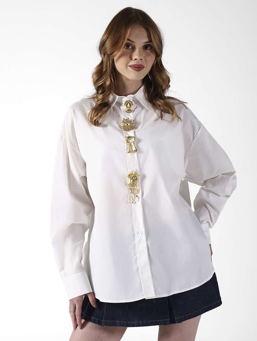 women solid collared long sleeve oversized shirt - 22321842 -  Standard Image - 1