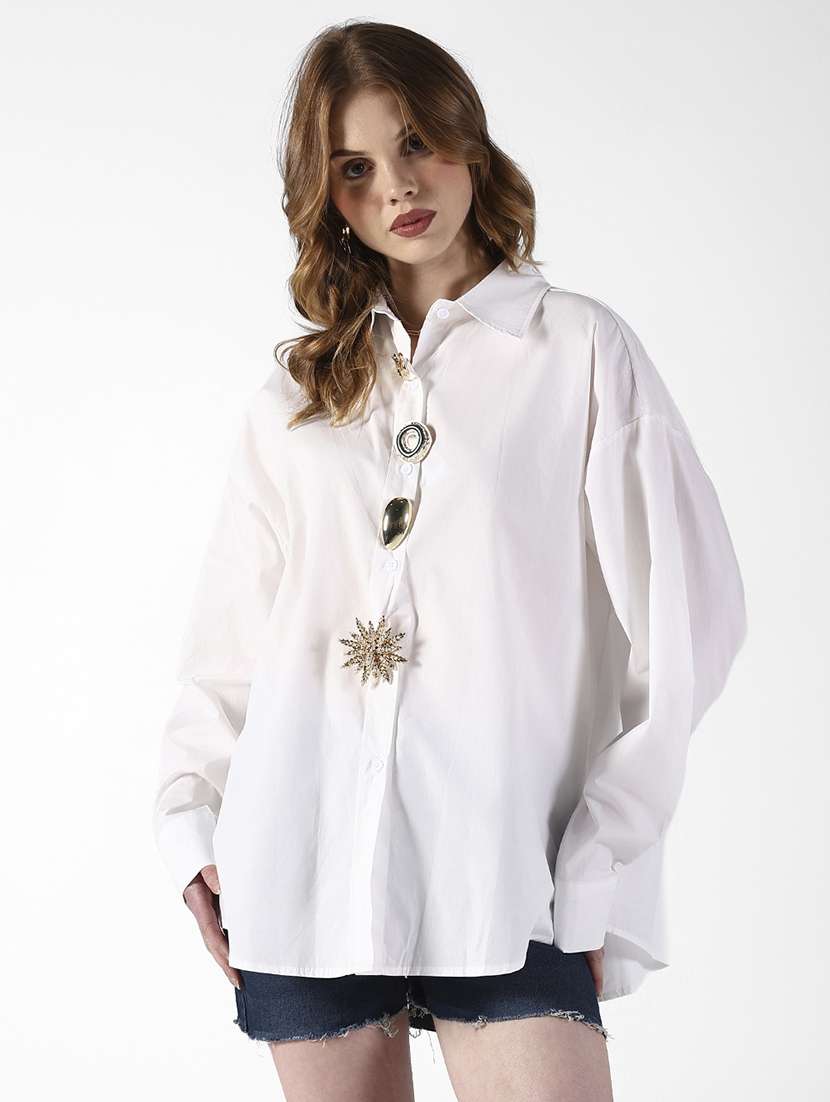 women solid collared long sleeve oversized shirt - 22321845 -  Standard Image - 1