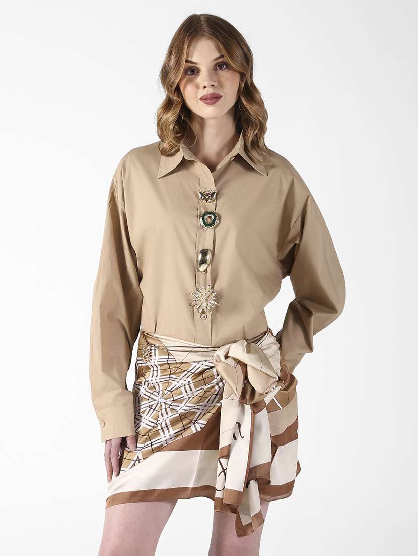 women solid collared long sleeve oversized shirt - 22321846 -  Standard Image - 1