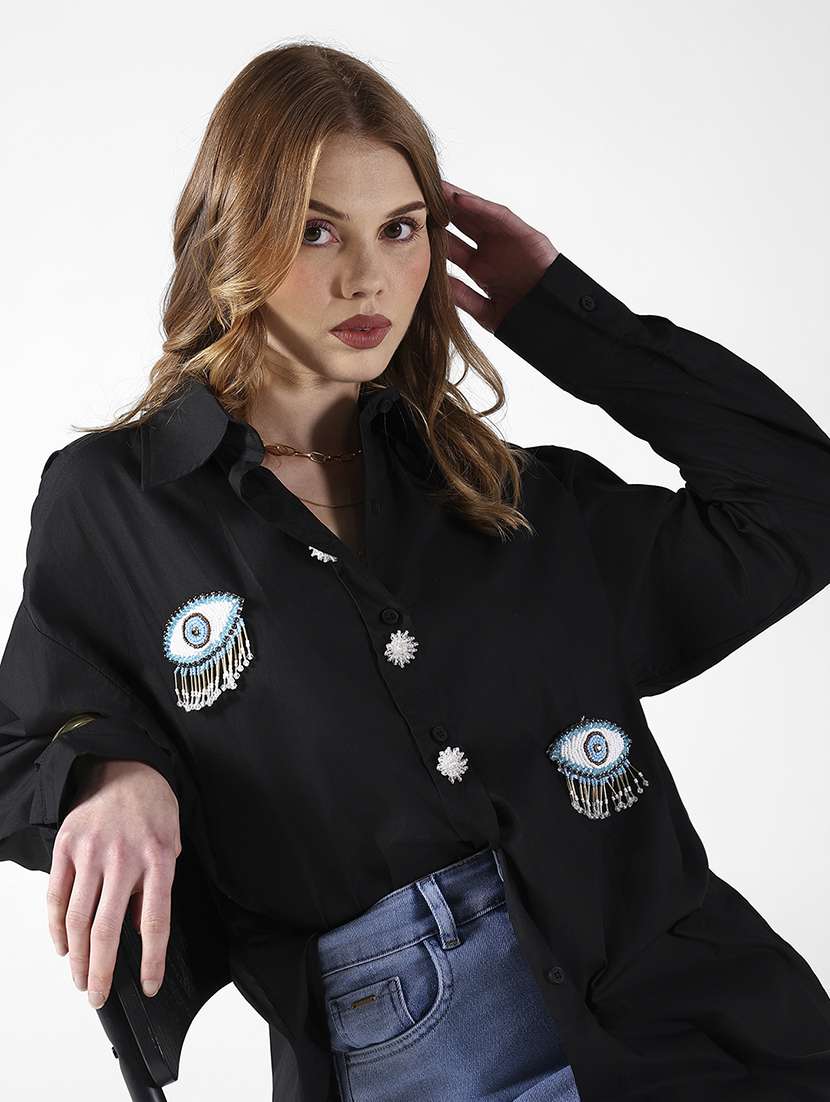 women embroidered long sleeve oversized shirt