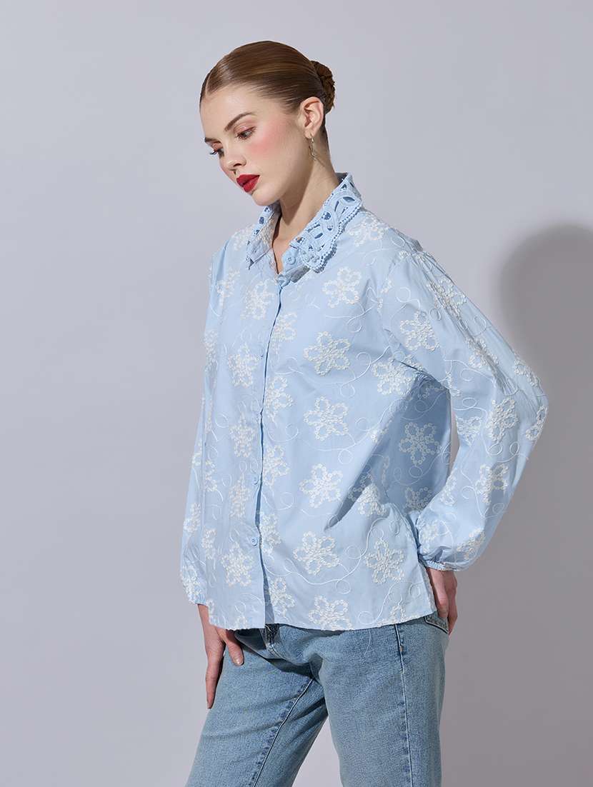 women embroidered collared long sleeve shirt