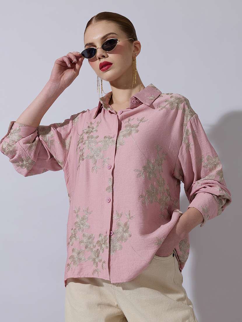 women embroidered collared long sleeve shirt