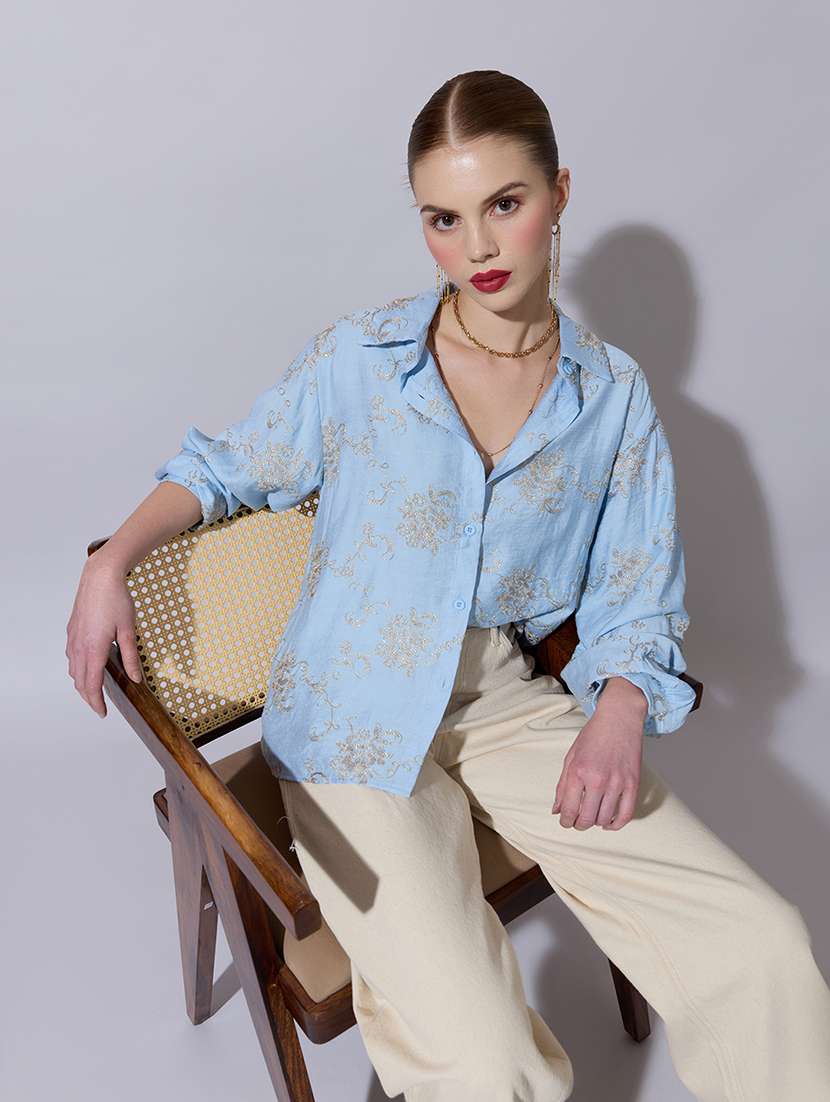 women embroidered collared long sleeve shirt