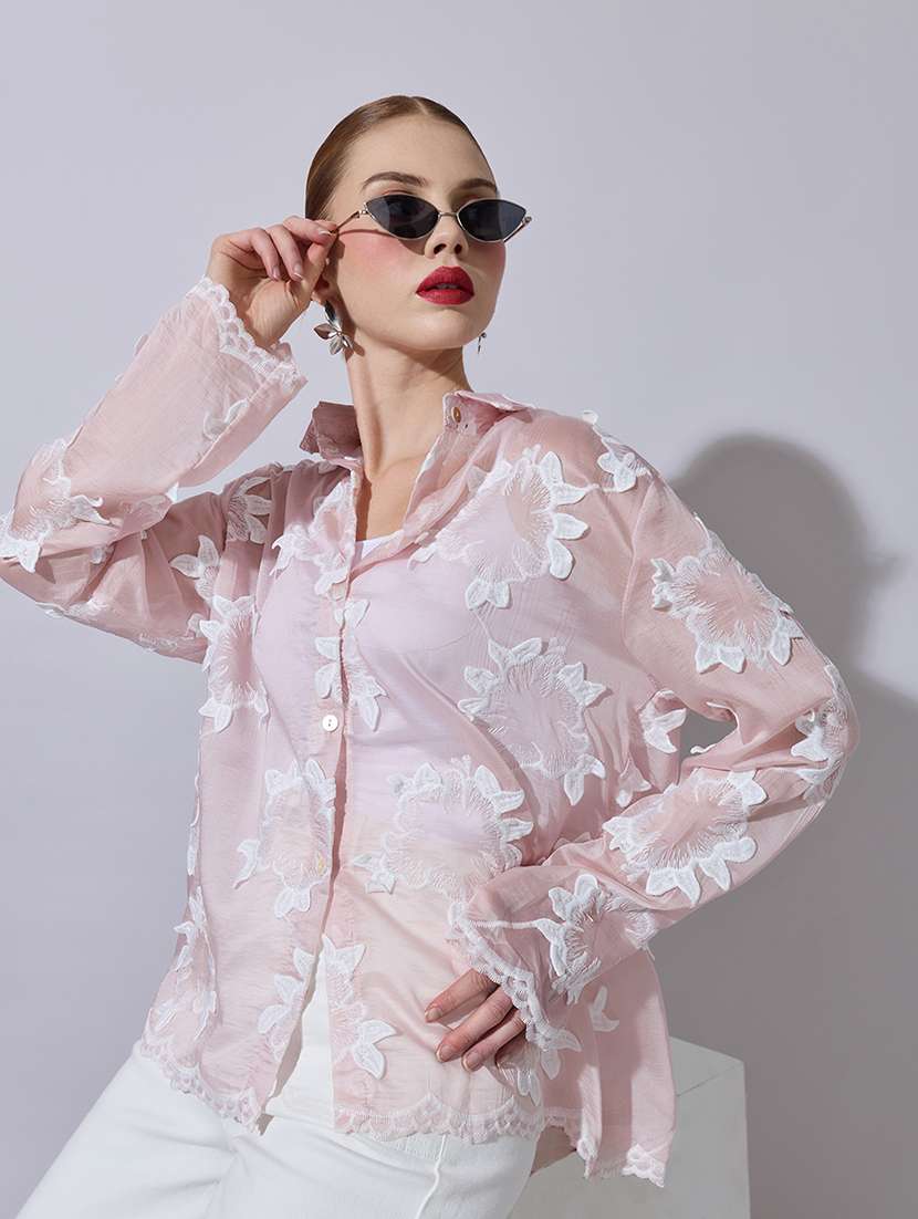 women embroidered collared long sleeve shirt