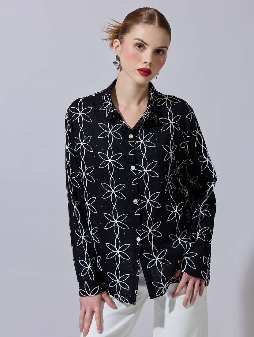 women embroidered long sleeve oversized shirt - 22321876 -  Standard Image - 1