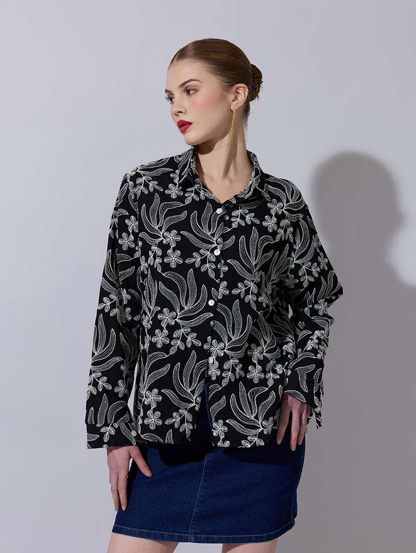 women embroidered collared long sleeve shirt