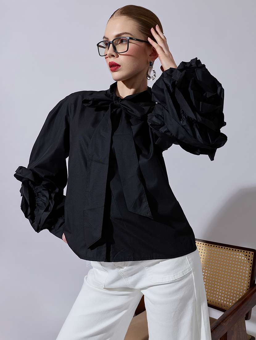 women solid puff sleeve tie up neck regular shirt