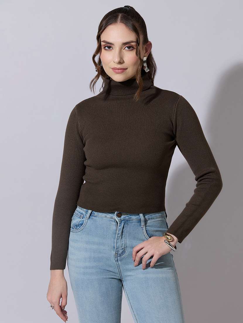 women solid high neck long sleeve crop top - 22321896 -  Standard Image - 1