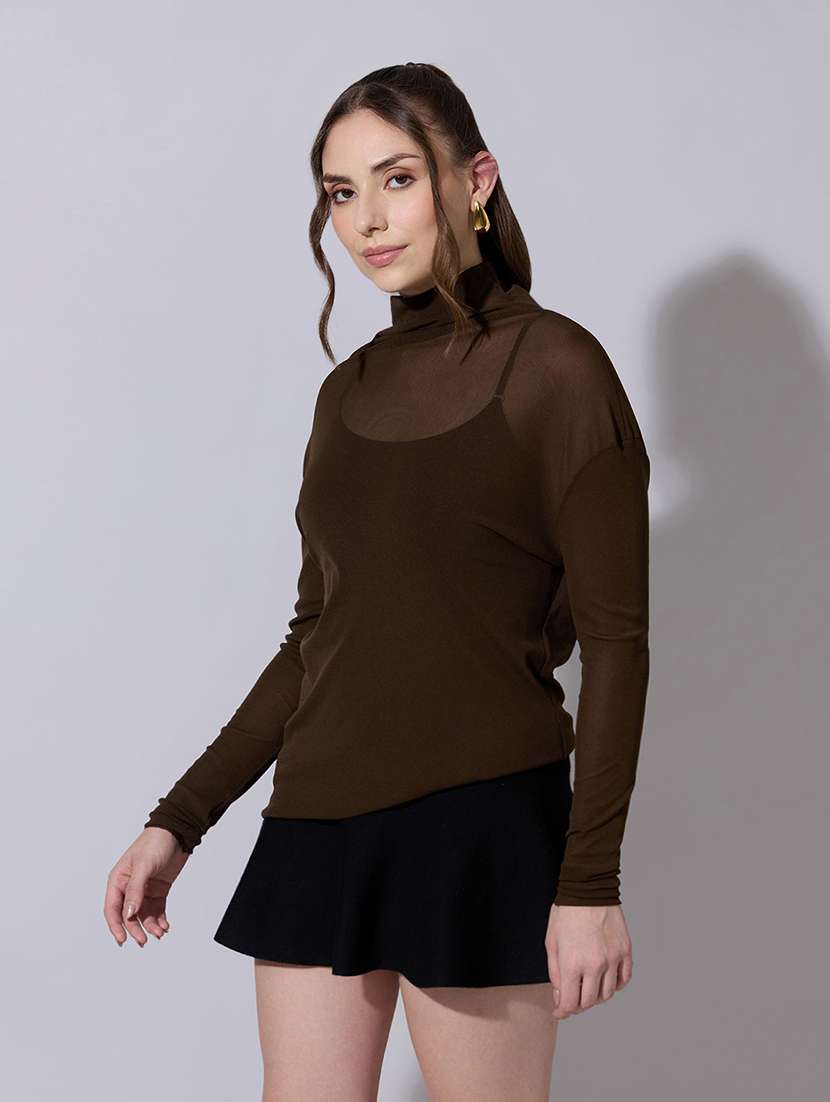 women solid long sleeve mesh asymmetric top