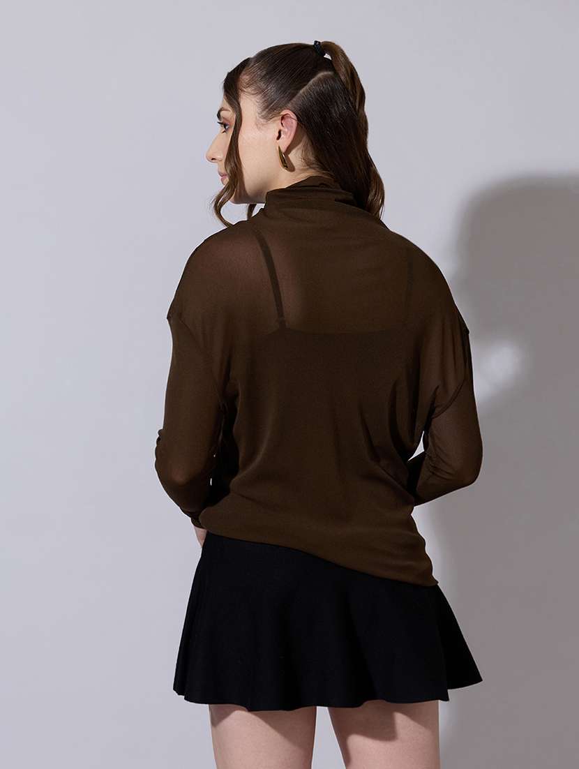 women solid long sleeve mesh asymmetric top - 22321900 -  Standard Image - 1