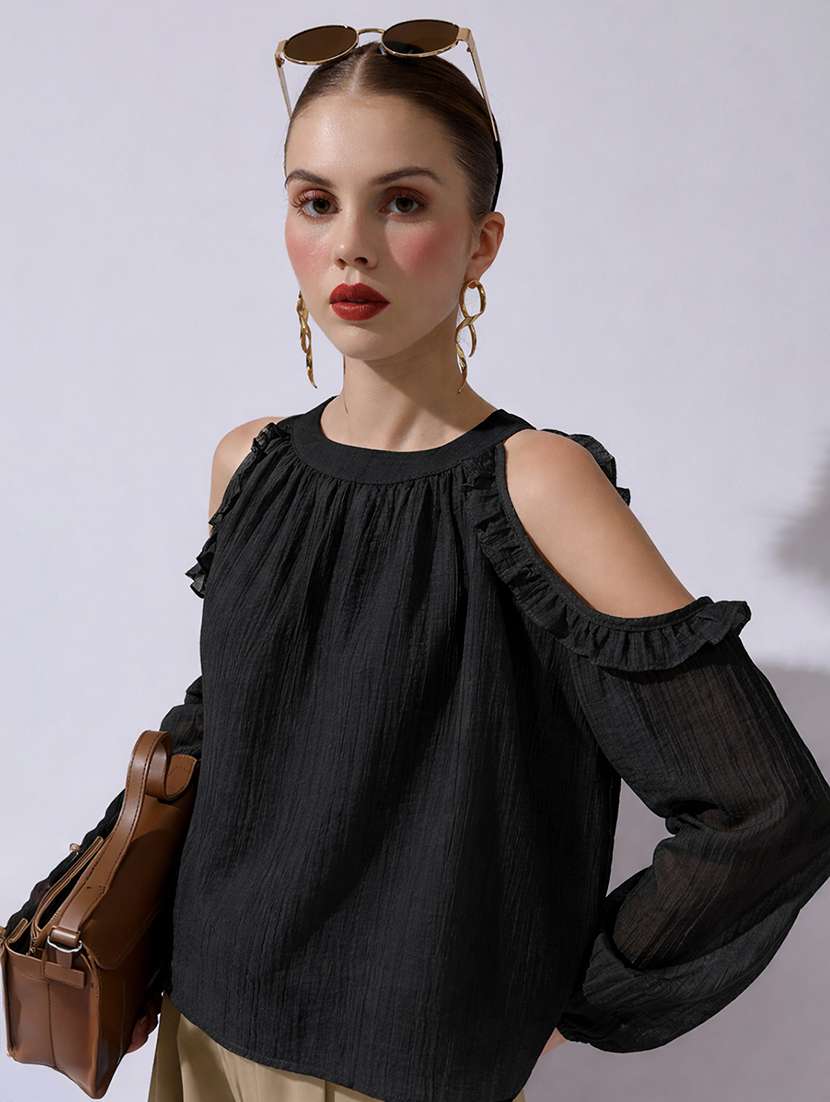 women solid cold shoulder a-line top