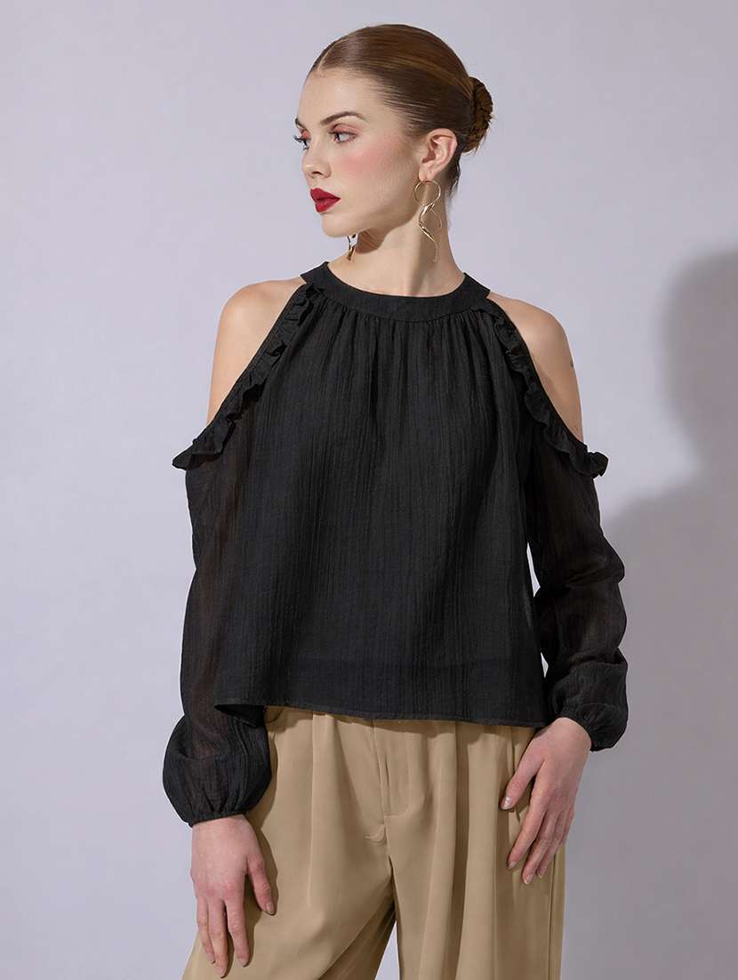 women solid cold shoulder a-line top - 22321907 -  Standard Image - 1