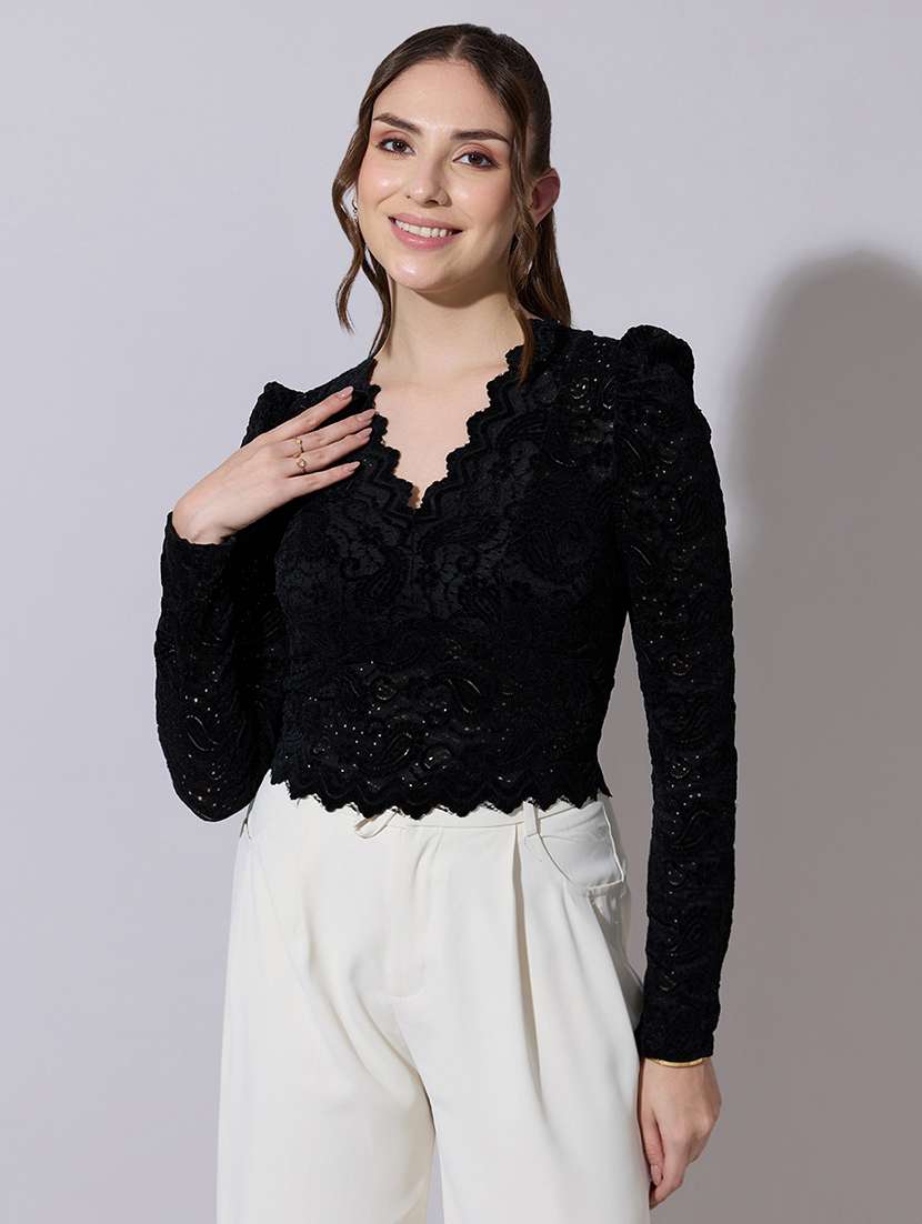 women solid puff sleeve lace crop top - 22321919 -  Standard Image - 1