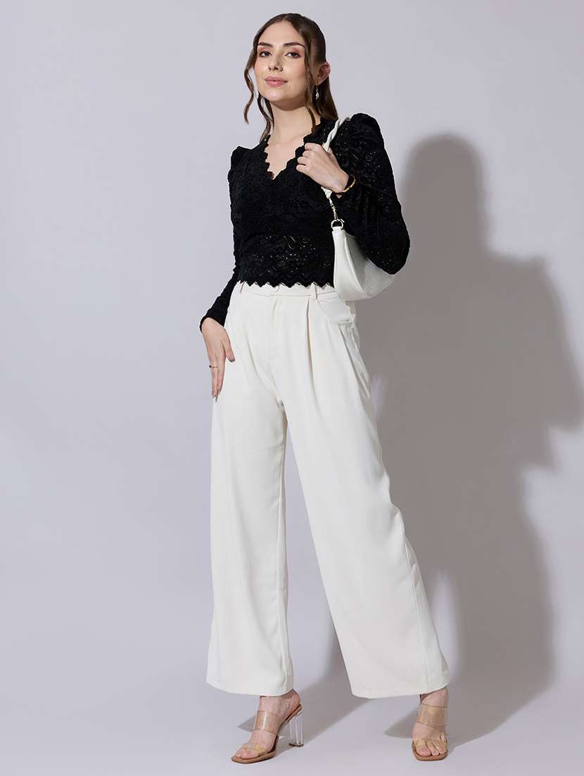 women solid puff sleeve lace crop top - 22321919 -  Standard Image - 4