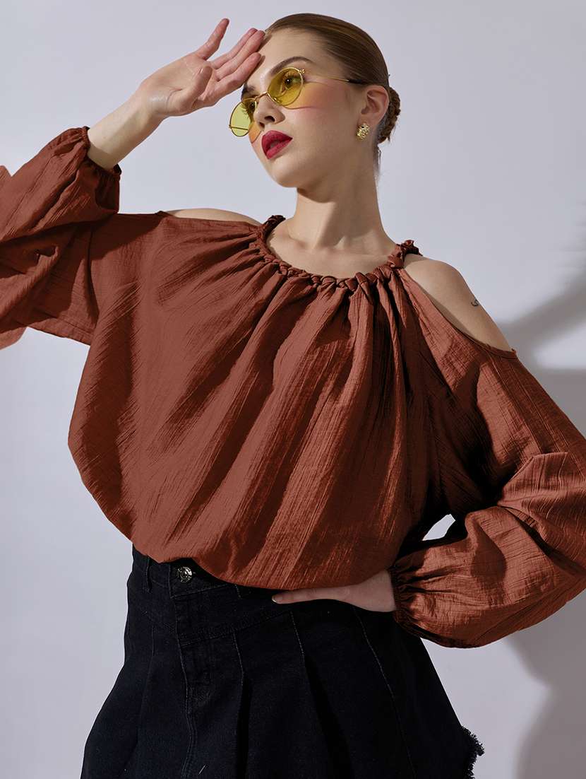 women solid cold shoulder blouson top