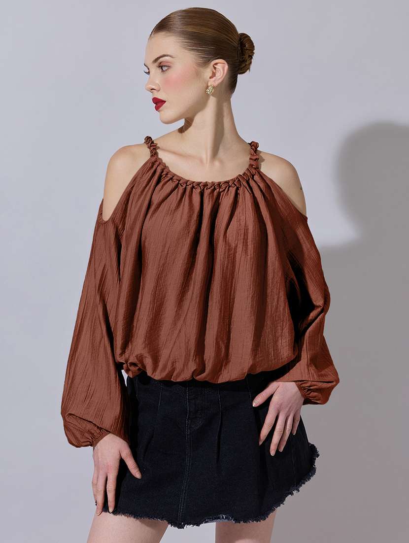 women solid cold shoulder blouson top - 22321920 -  Standard Image - 1