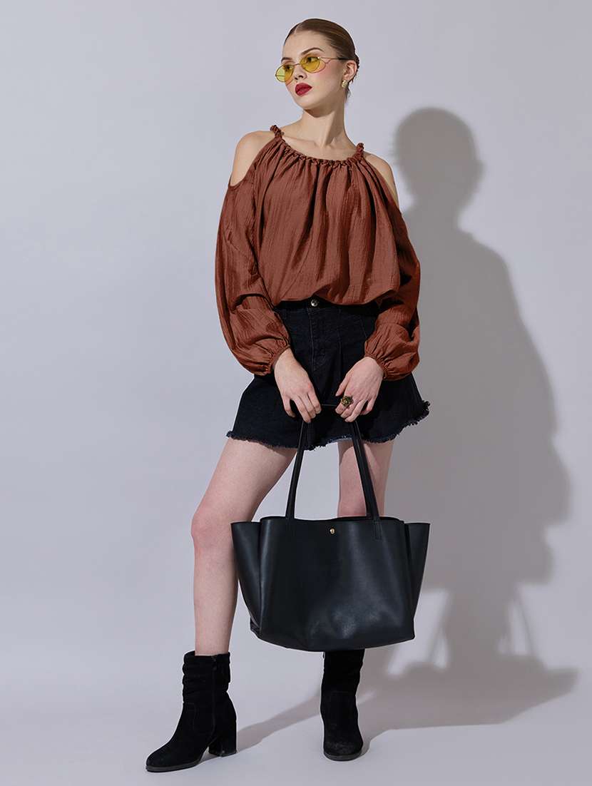 women solid cold shoulder blouson top - 22321920 -  Standard Image - 4