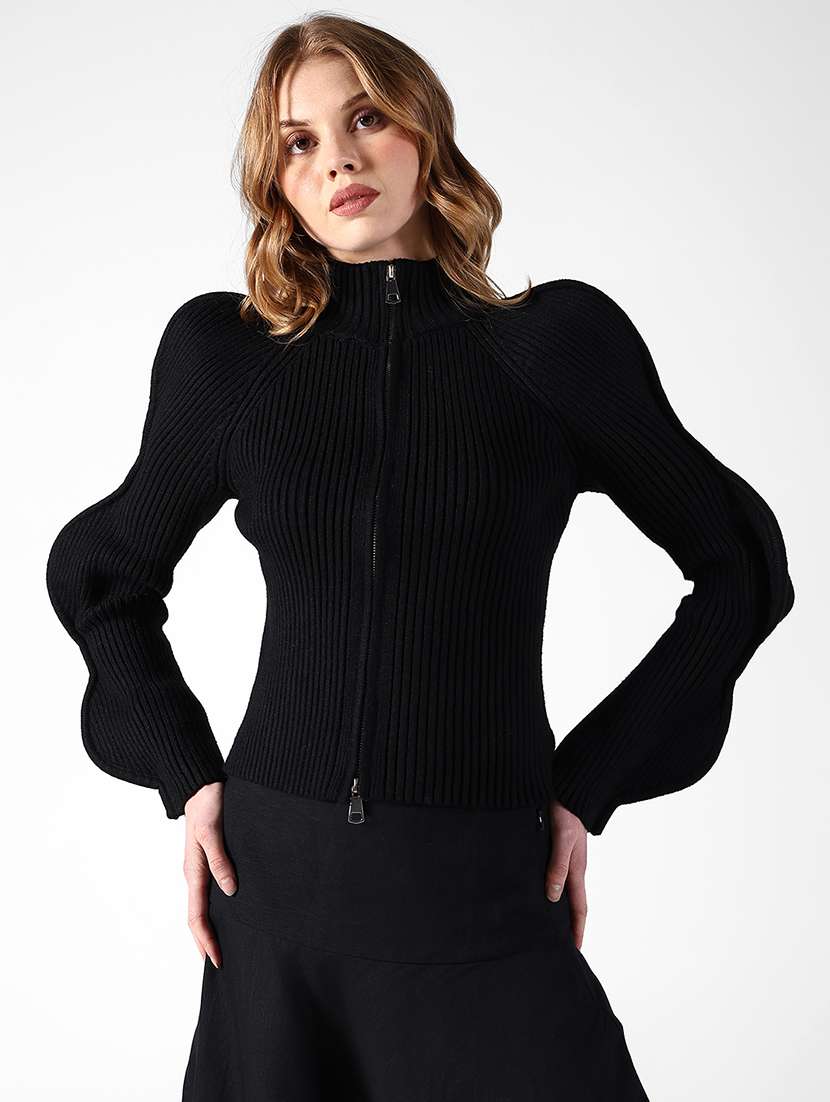 women solid high neck sculpted sleeve top