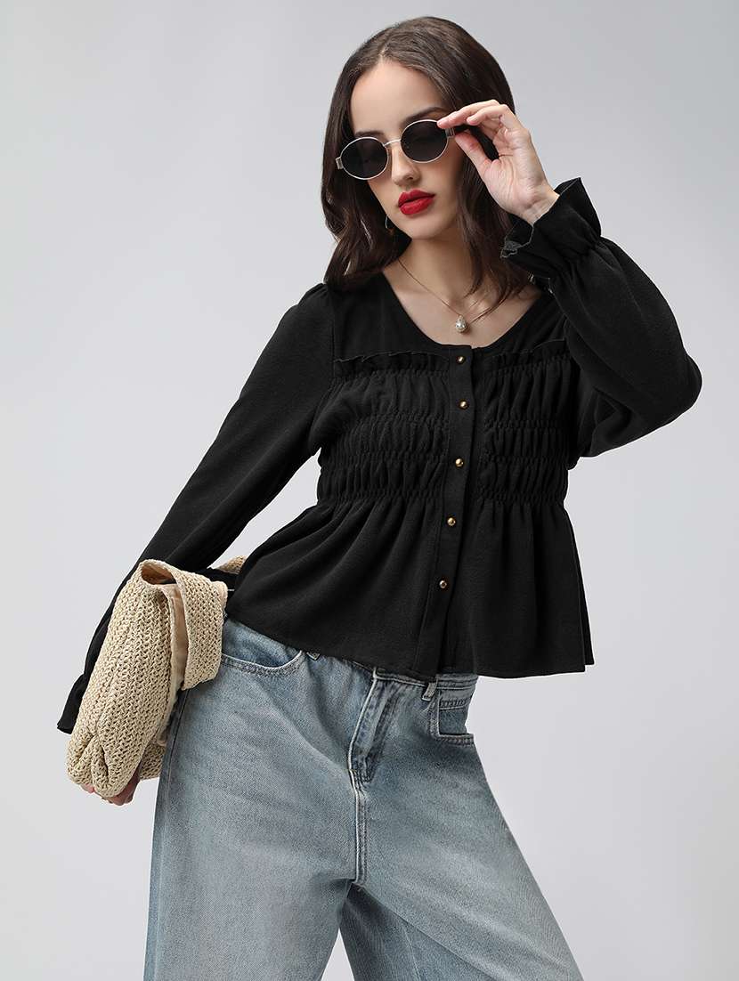 women solid puff sleeve peplum top
