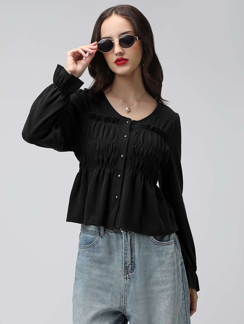 women solid puff sleeve peplum top - 22321930 -  Standard Image - 1