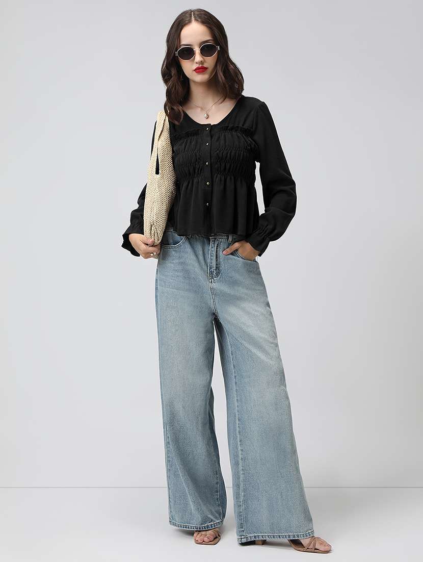women solid puff sleeve peplum top - 22321930 -  Standard Image - 4