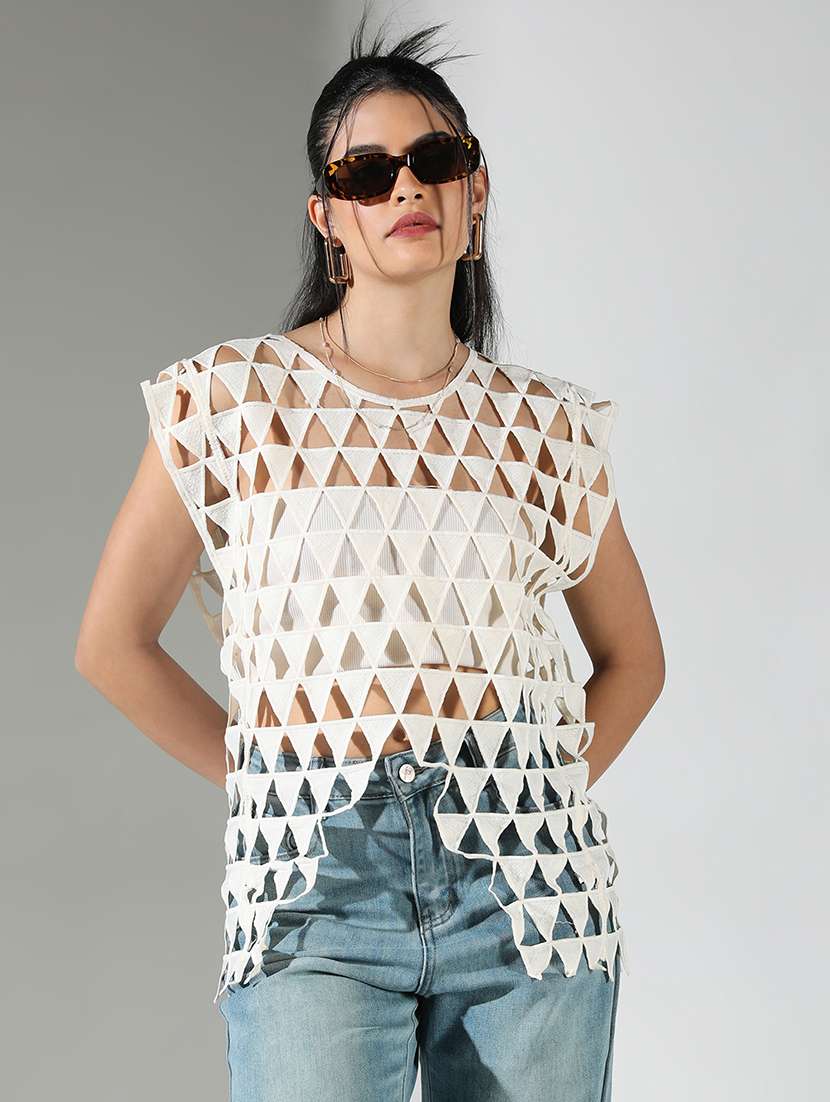 women self designed sleeveless asymmetric top