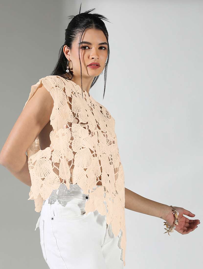 women self designed sleeveless crochet asymmetric top - 22321933 -  Standard Image - 1