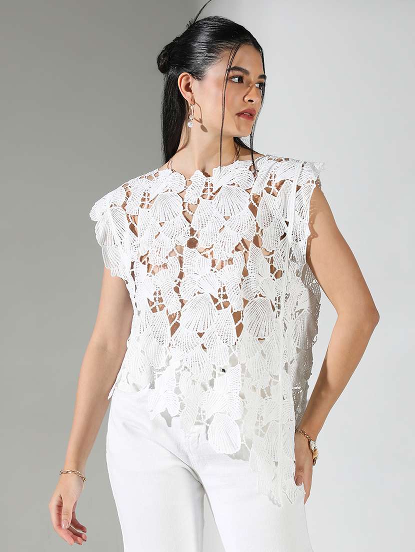 women self designed sleeveless crochet asymmetric top