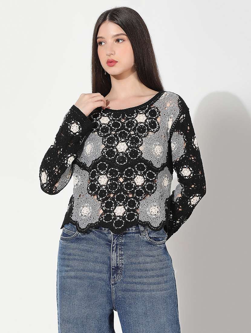 women self designed long sleeve crochet top - 22321936 -  Standard Image - 1