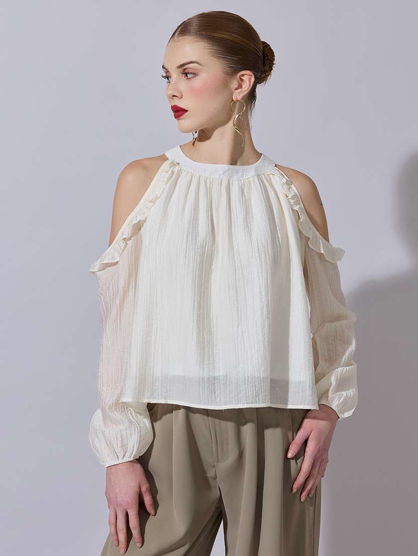 women solid cold shoulder a-line top - 22321946 -  Standard Image - 1