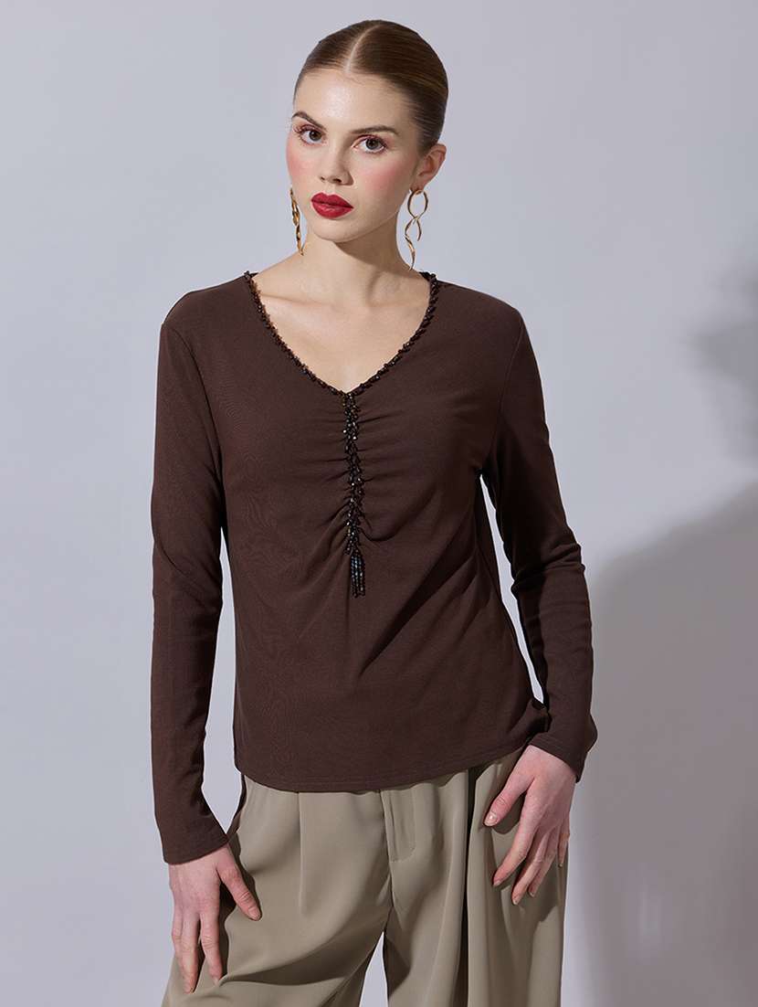 women solid long sleeve straight top - 22321947 -  Standard Image - 1