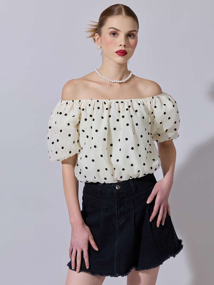 women polka doted off shoulder crop top - 22321948 -  Standard Image - 1