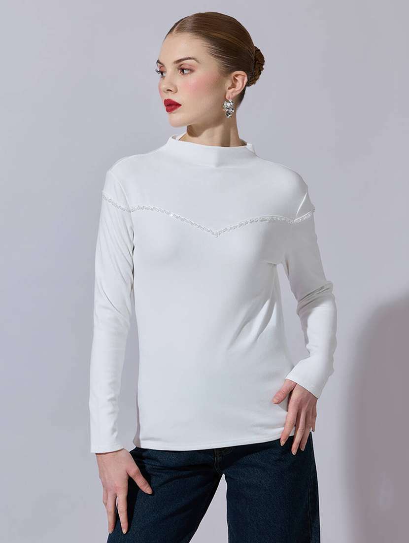 women solid mock neck long sleeve top