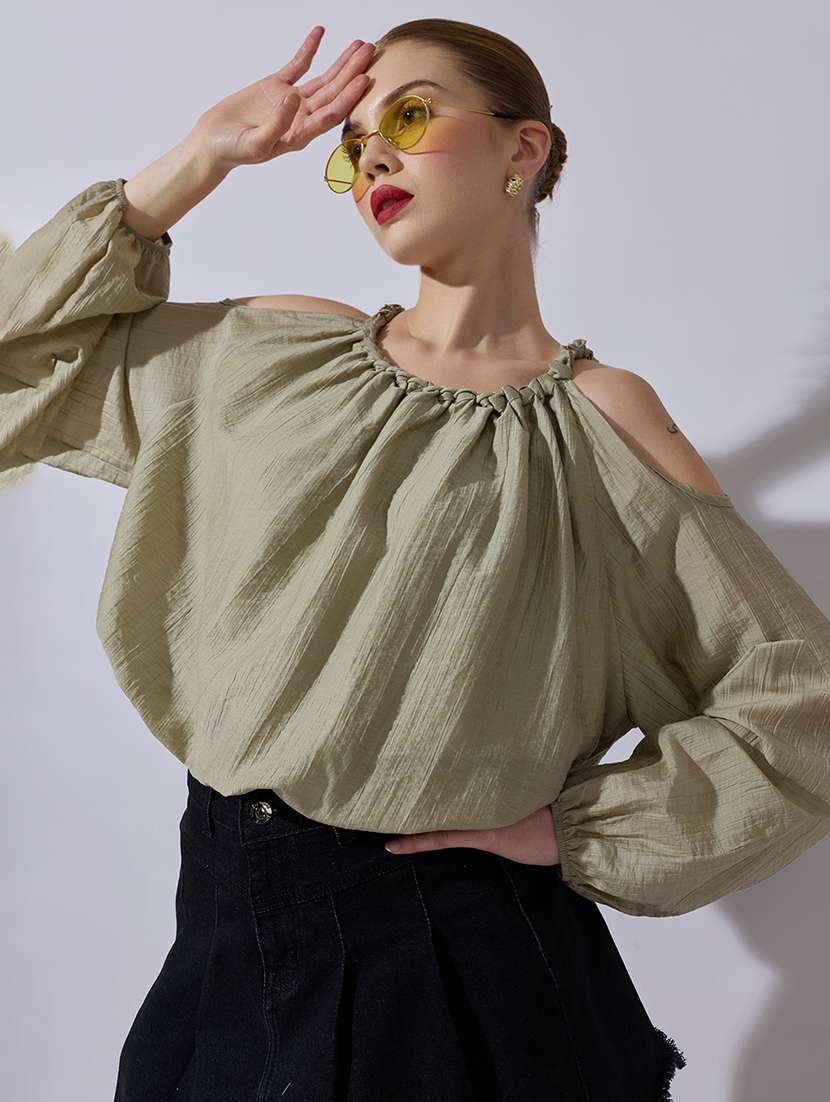 women solid cold shouler blouson top - 22321950 -  Standard Image - 1