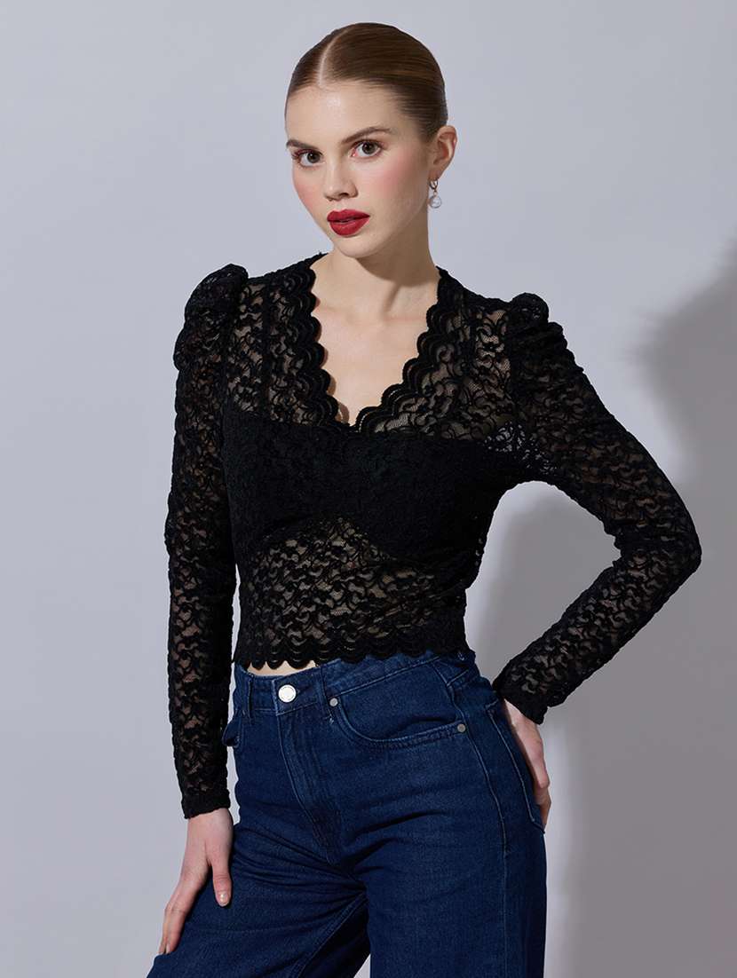 women self designed puff sleeve lace crop top - 22321953 -  Standard Image - 1