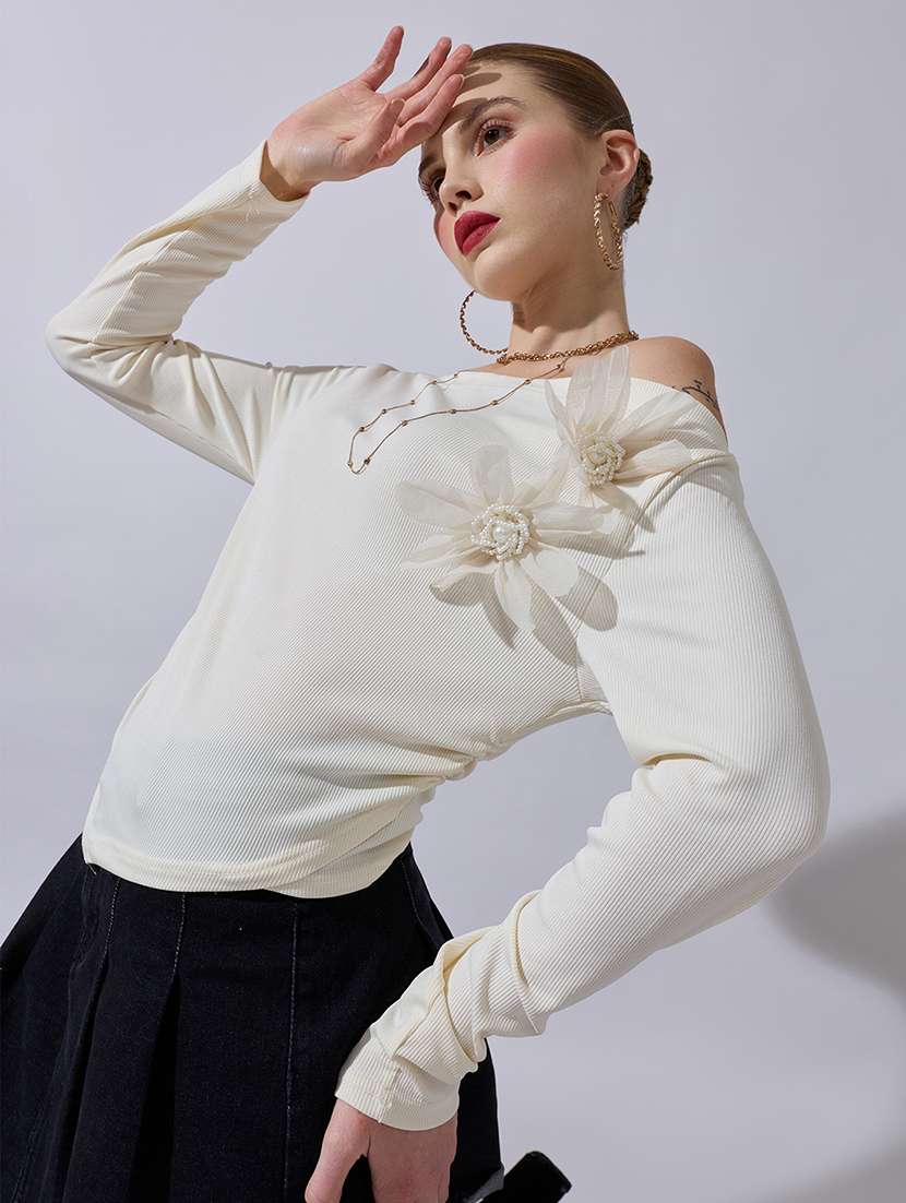 women solid off shoulder long sleeve top