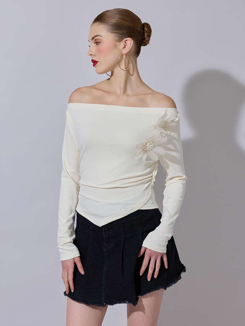 women solid off shoulder long sleeve top - 22321954 -  Standard Image - 1
