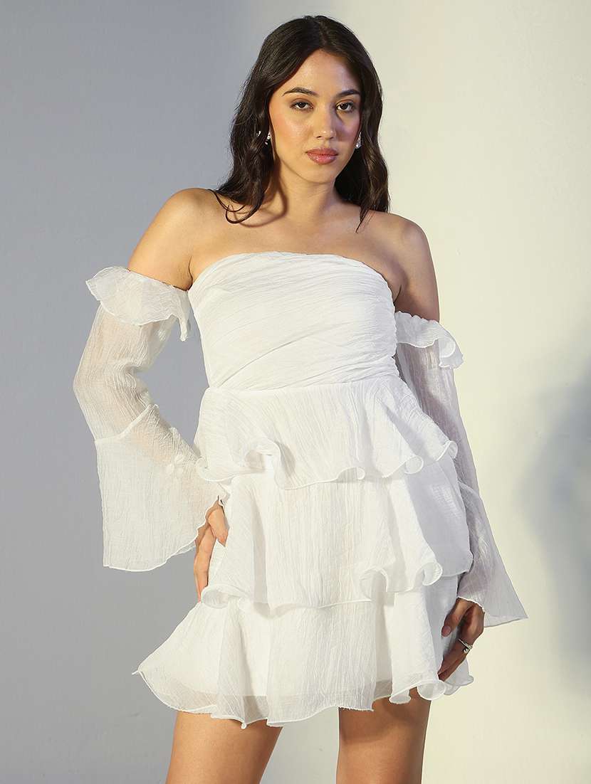 women solid off shoulder ruffle dress - 22321974 -  Standard Image - 1