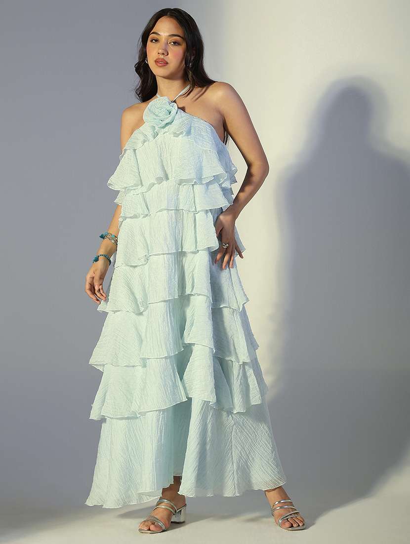 women solid halter neck sleeveless ruffle dress