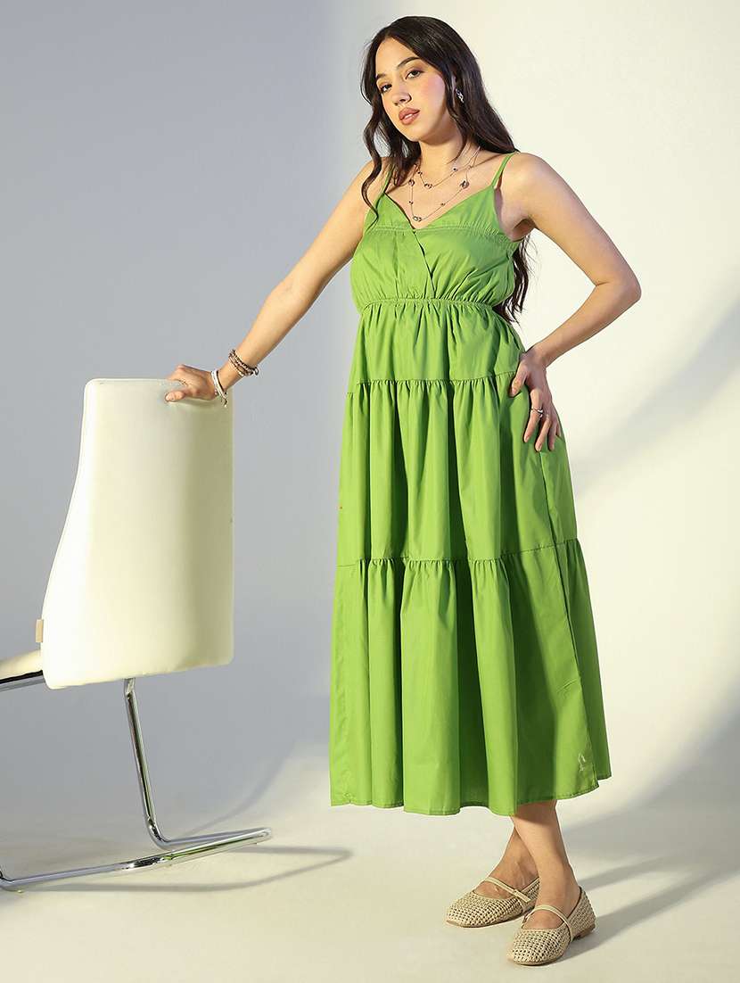 women solid shoulder strap tiered dress