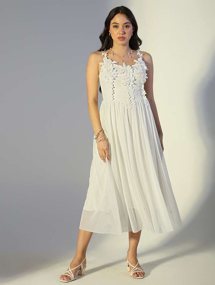 women solid shoulder strap lace dress - 22321990 -  Standard Image - 1