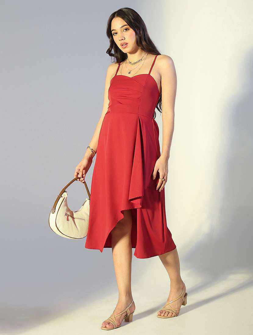 women solid shoulder strap asymmetric dress