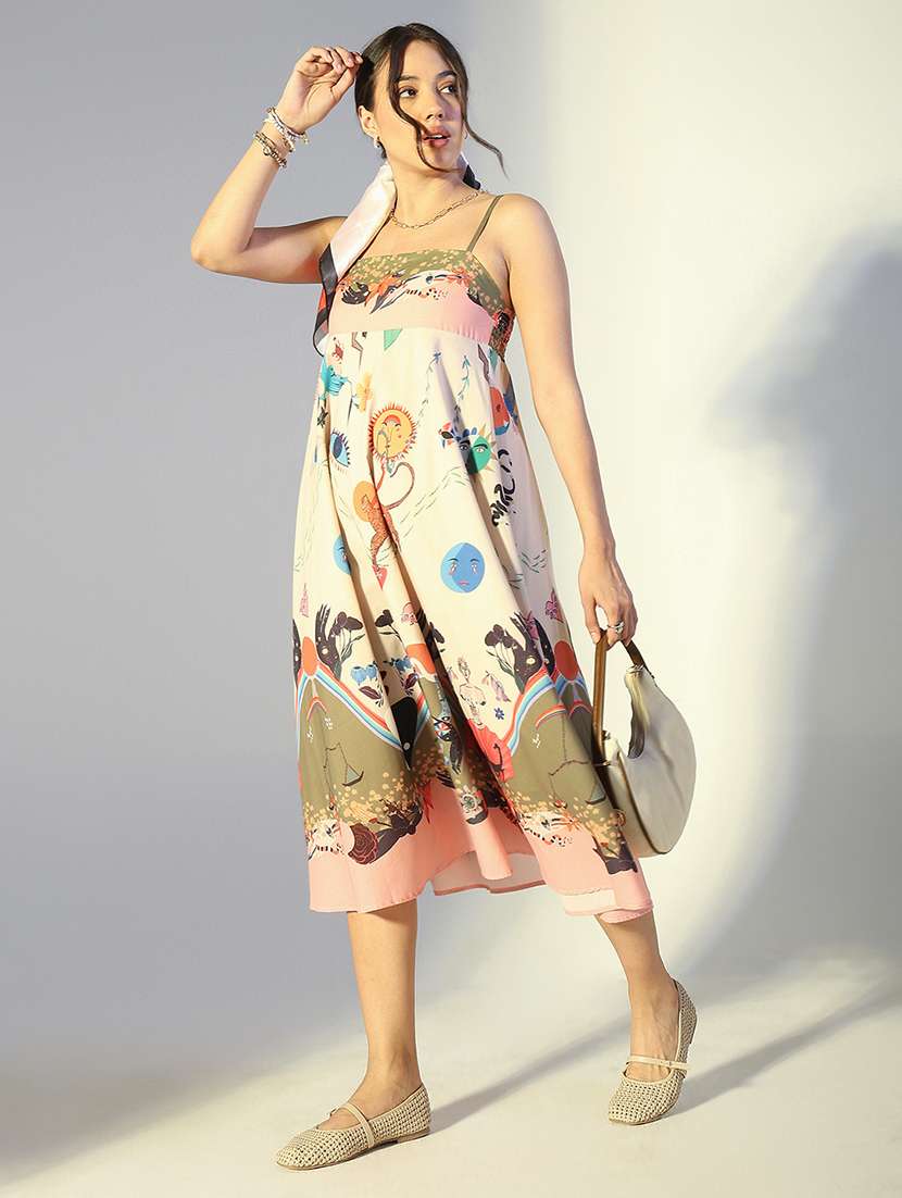 women printed shoulder strap flared dress