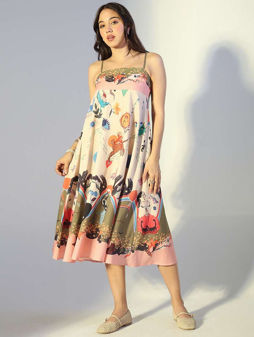 women printed shoulder strap flared dress - 22321996 -  Standard Image - 1