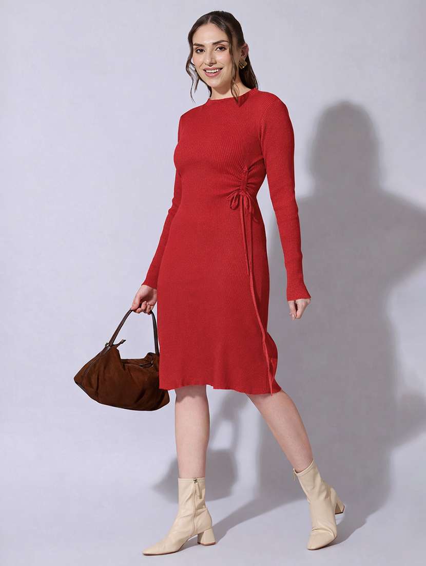 women solid long sleeve ruched bodycon dress