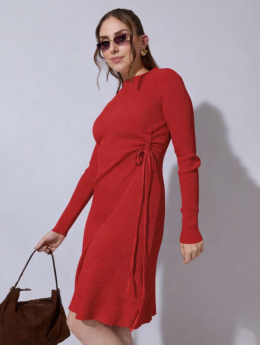 women solid long sleeve ruched bodycon dress - 22322020 -  Standard Image - 4