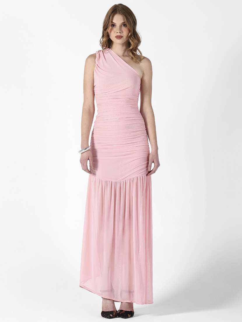 women solid single shoulder ruched dress - 22322025 -  Standard Image - 1